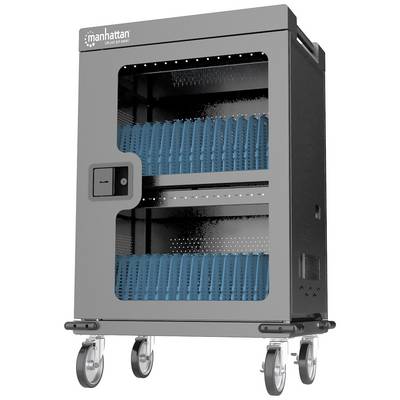 Un armoire de chargement mobile grise de Manhattan avec deux étagères, adaptée au stockage et à la charge des appareils électroniques.