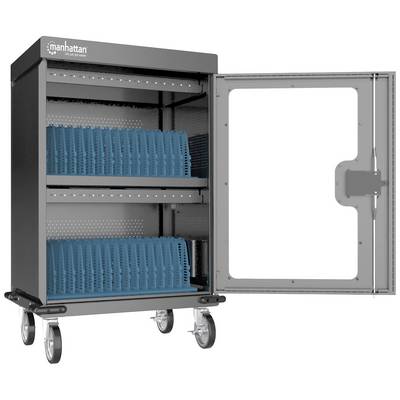 Armoire métallique pour ordinateurs portables sur roulettes avec porte ouverte. Comprend deux étagères ventilées pour le rangement des ordinateurs portables.