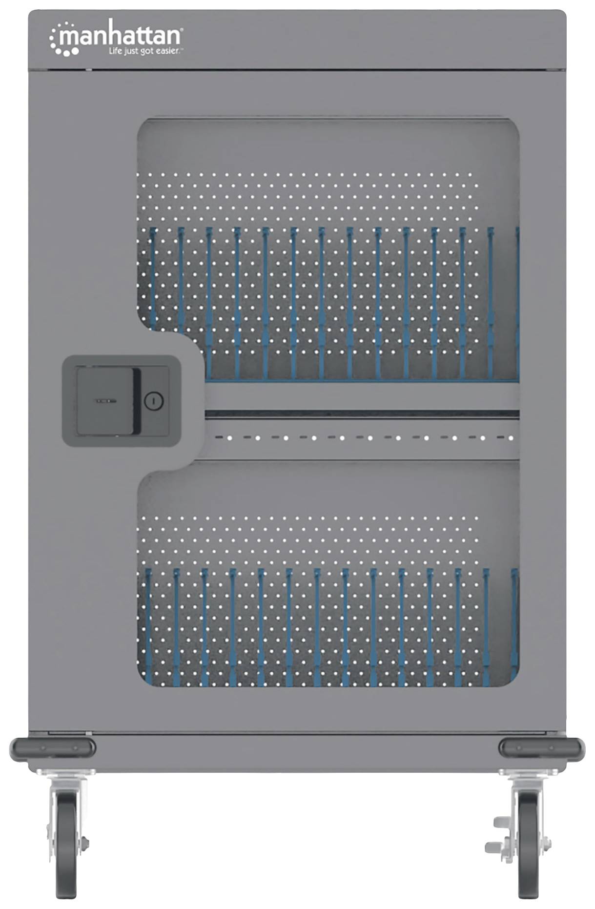 Armoire de rangement pour tablettes sur roulettes avec panneaux perforés et serrure électronique. La marque 'manhattan' est représentée en haut.