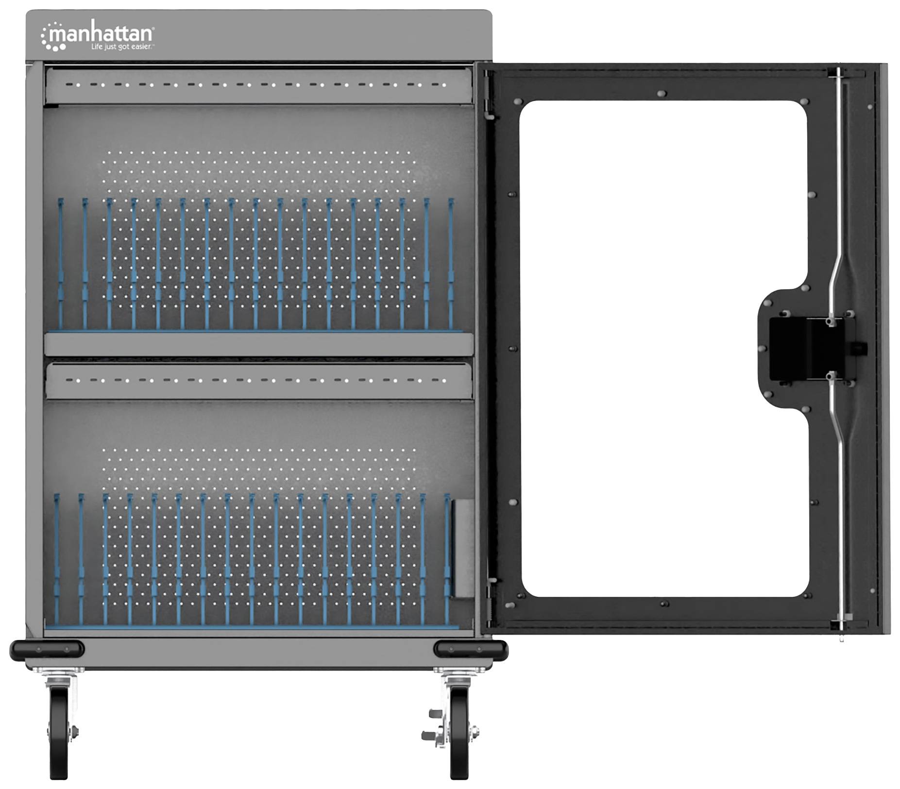 L'image montre un coffret de distribution ouvert avec plusieurs chemins de câbles verticaux sur deux niveaux. La porte est fixée par des charnières à l'extérieur, et en haut à gauche est inscrit 'manhattan'.