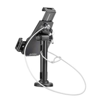 Une support de tablette noir avec câble de sécurité, adapté aux présentations ou aux stands commerciaux. Il est stable et repose sur un socle.