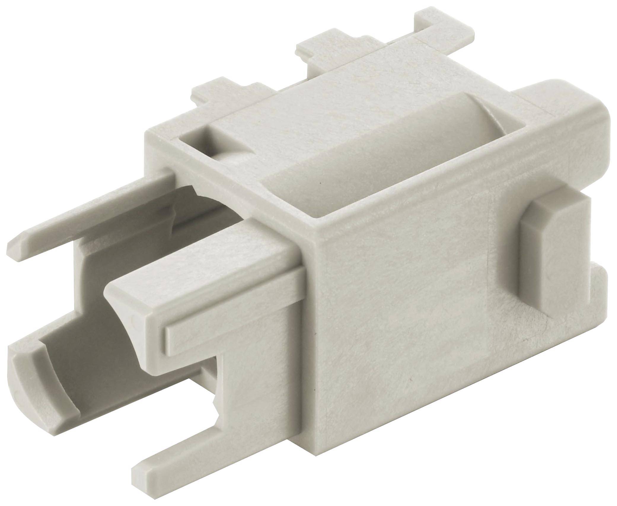 Un boîtier en plastique gris, probablement un élément de connexion technique ou un adaptateur pour composants électroniques.