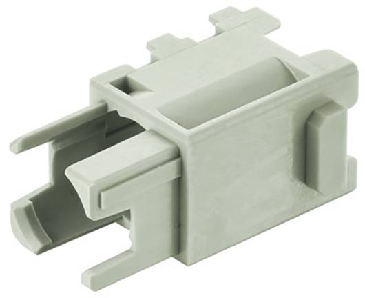 Un composant en plastique gris, rectangulaire, avec plusieurs reliefs et évides, adapté comme connecteur électrique.