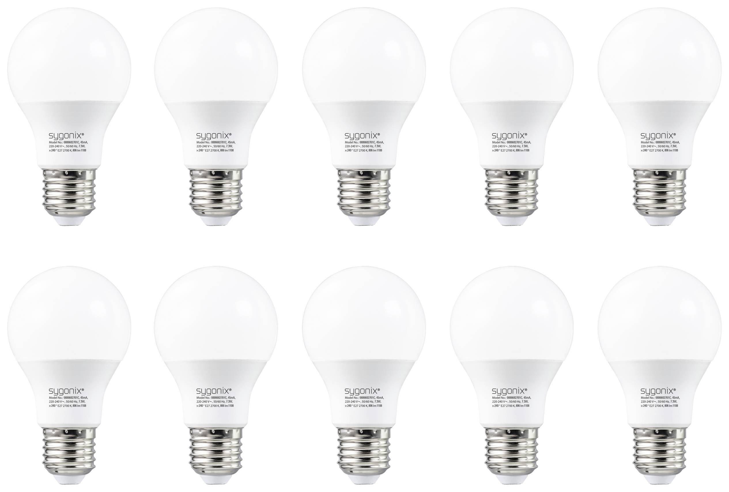 Dix ampoules LED disposées en deux rangées. Chaque ampoule est équipée d'un culot E27 et présente une surface mate.