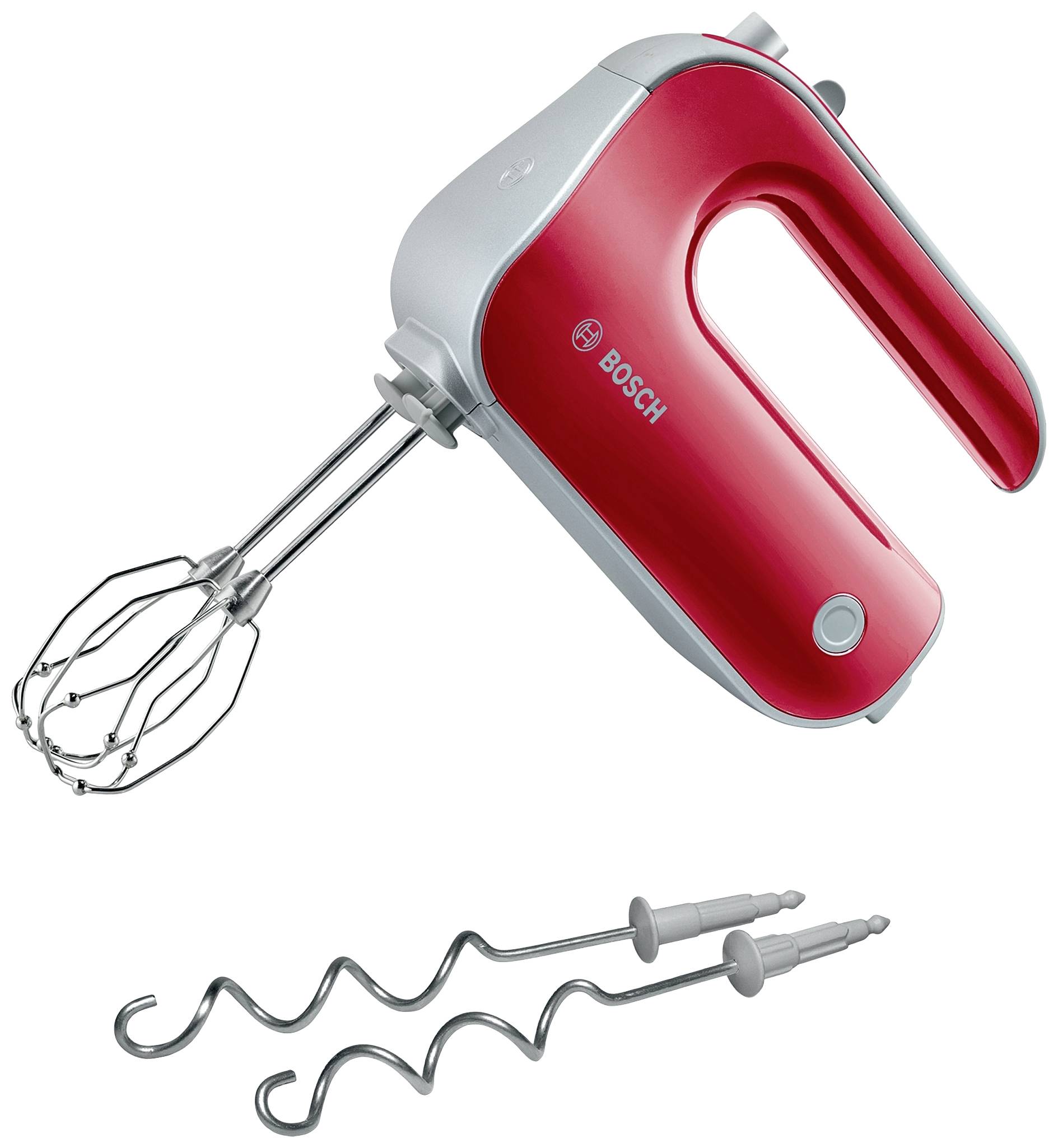 Un batteur électrique rouge avec un fouet et deux crochets pétrisseurs. Parfait pour mixer et pétrir la pâte en cuisine.