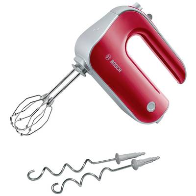 Un batteur électrique rouge avec un fouet et deux crochets pétrisseurs. Parfait pour mixer et pétrir la pâte en cuisine.