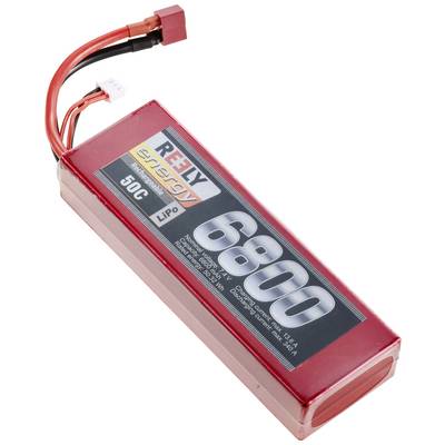 Un accumulateur lithium-polymère rouge de la marque Reely, d'une capacité de 6800 mAh et avec un taux de décharge de 50C, est adapté pour la modélisation.