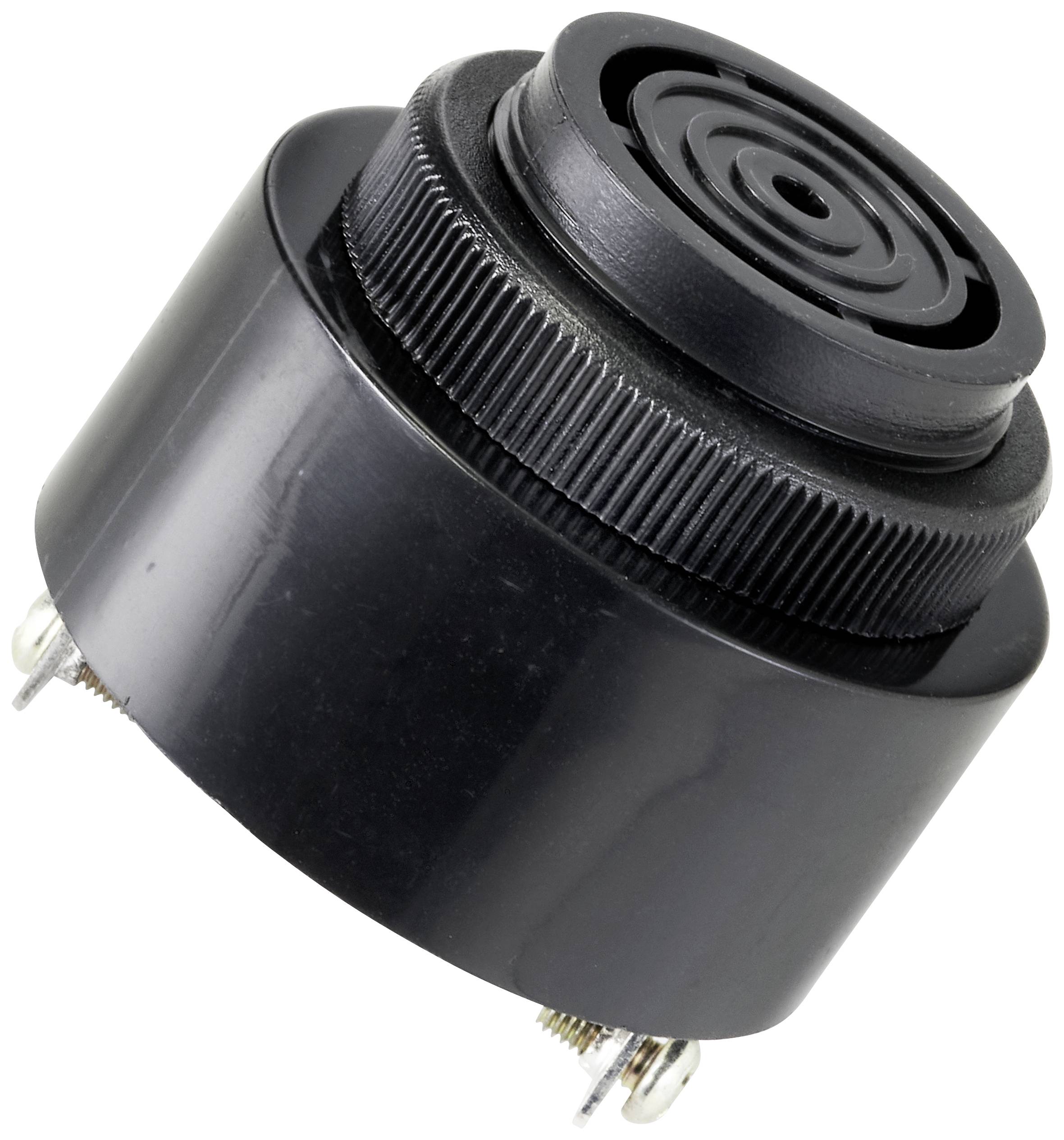 Un buzzer électronique noir à deux broches qui produit des signaux acoustiques dans des appareils.