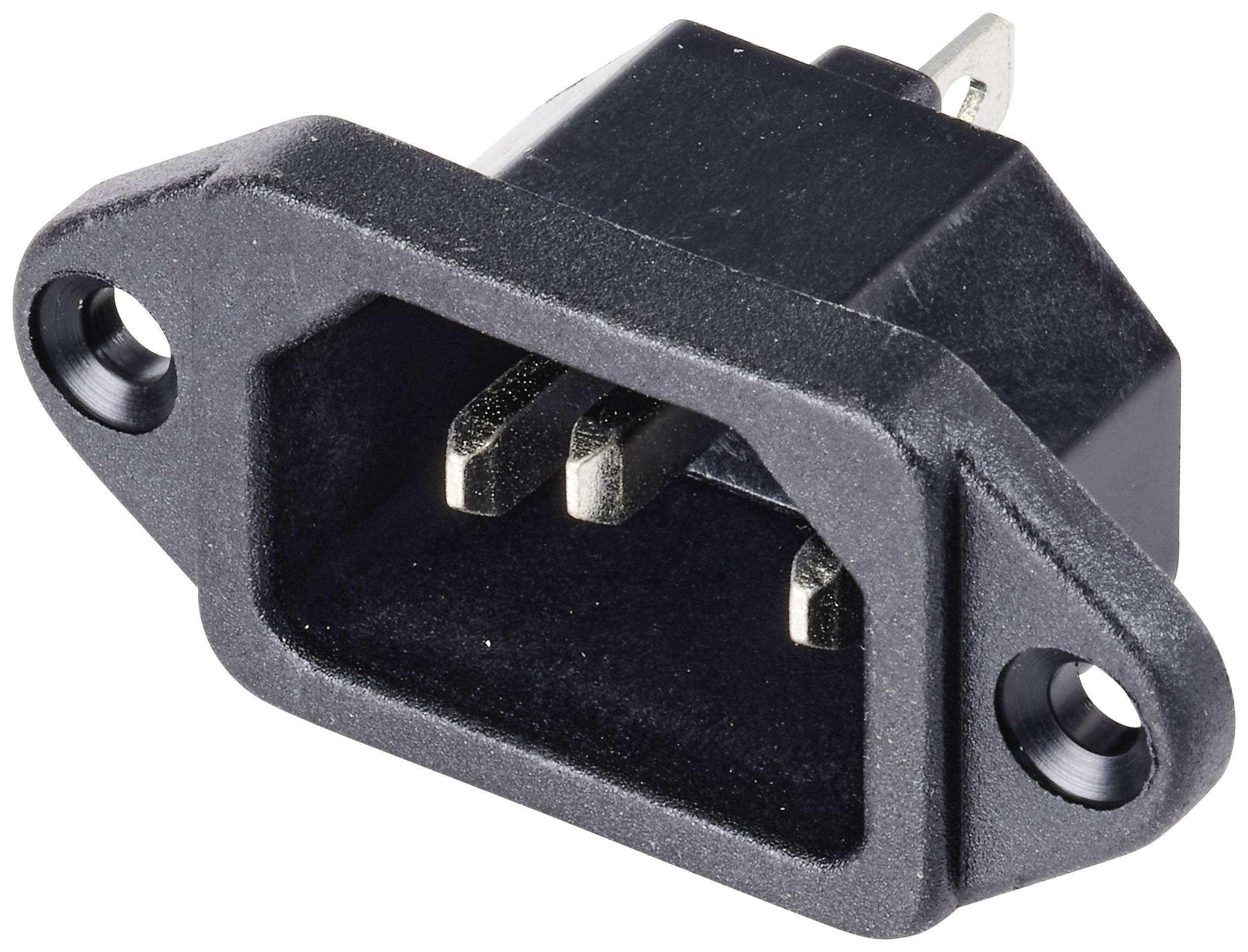 Connecteur rectangulaire noir pour appareils avec trois contacts métalliques et deux trous de fixation, adapté pour le montage.
