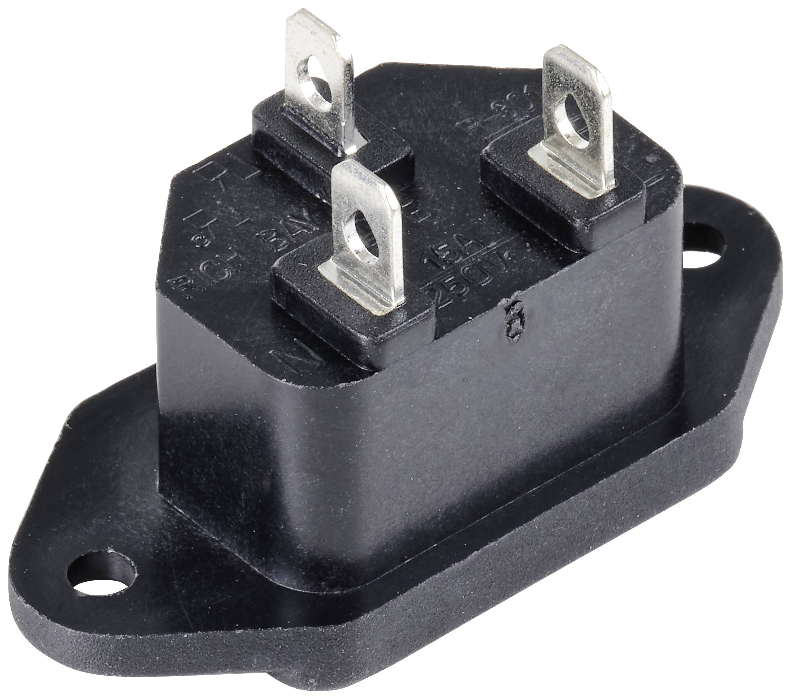 Un connecteur électrique rectangulaire noir avec trois broches métalliques. Il dispose de deux trous de fixation aux coins.