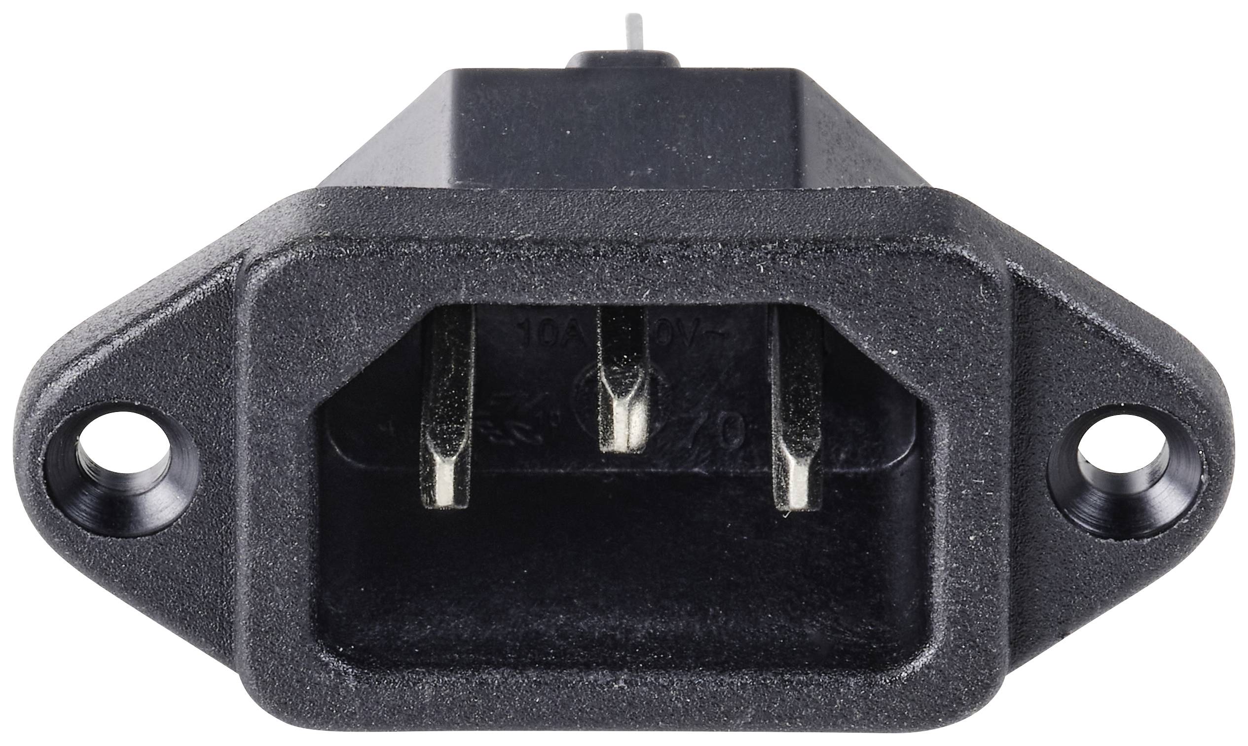 Connecteur IEC C14 noir pour appareils électroniques avec trois broches métalliques, adapté à l'utilisation avec un câble d'alimentation pour équipements électroniques.