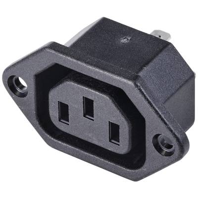 Prise de connexion réseau, IEC 320 C13, forme rectangulaire, montable avec deux trous de vis. Boîtier en plastique noir avec trois contacts.