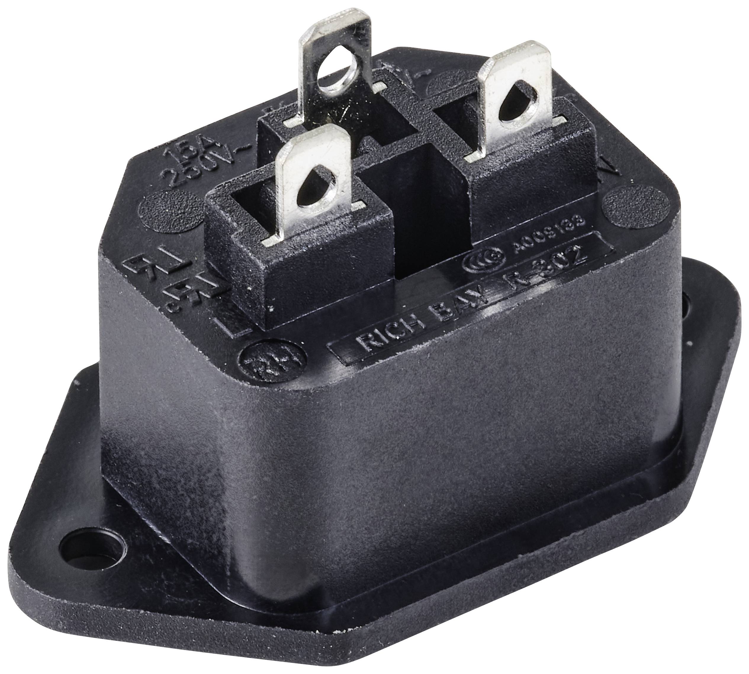 Boîtier noir de prise d'installation avec trois contacts enfichables et deux trous de fixation, adapté aux appareils électroniques.