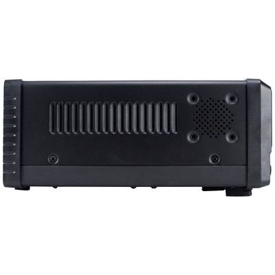 Appareil électronique noir avec des fentes d'aération et une grille perforée sur le côté ; aucun élément de commande visible.