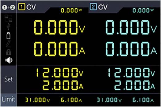 'Affichage électronique montrant les valeurs de tension et de courant en volts et ampères pour deux canaux : 12,000V/2,000A et 31,000V/6,100A.'