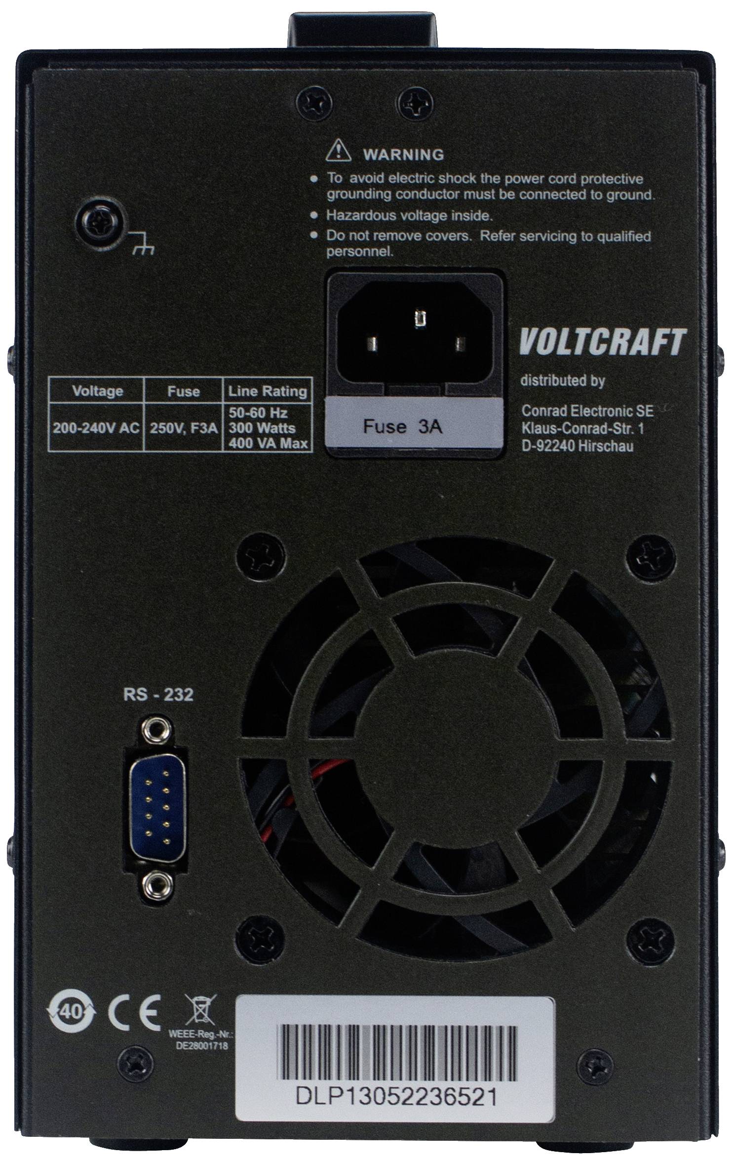 Arrière d'un appareil Voltcraft avec ventilateur, fusible (3A) et connexions. Avertissement de danger d'électrocution.