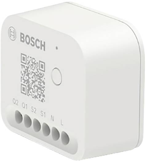 Un interrupteur Bosch Smart Home blanc et rectangulaire avec un code QR, un bouton et six connexions pour contrôler différentes fonctions.