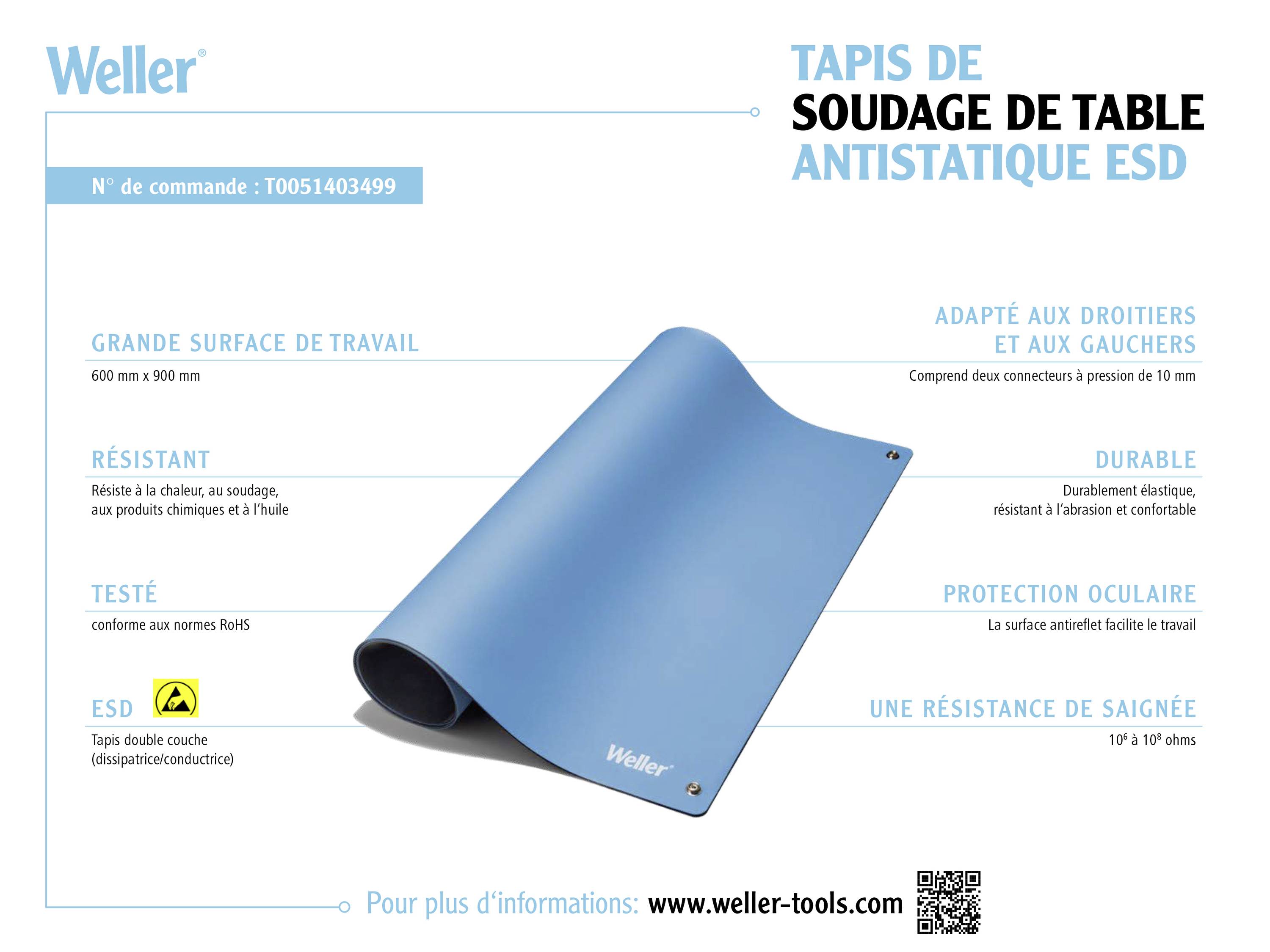 Tapis de soudage ESD Premium Weller avec grande surface de travail 600x900 mm, durable, résistant à la chaleur et aux produits chimiques, convenant aux droitiers et aux gauchers.