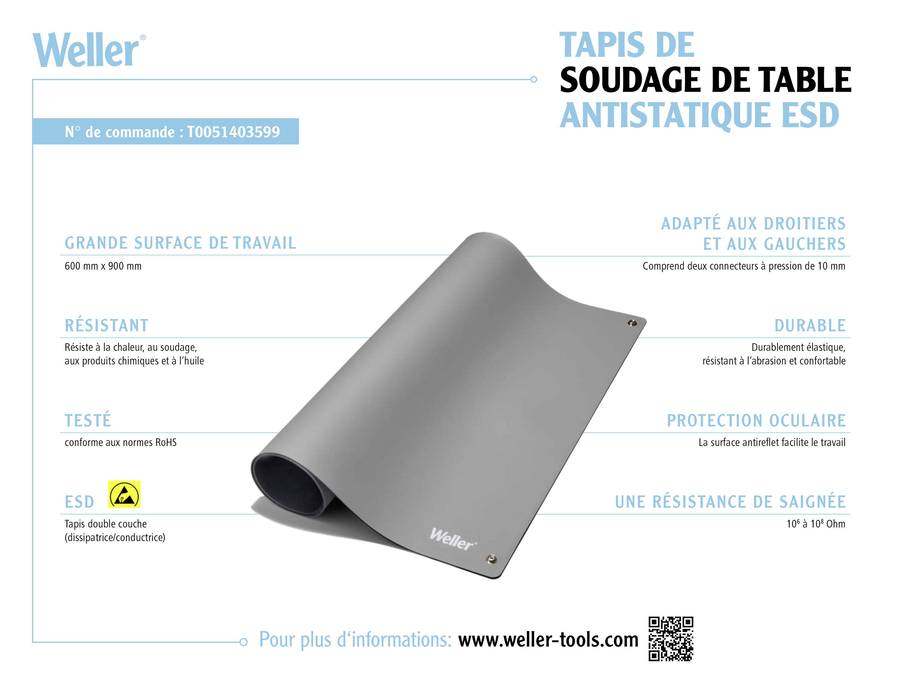 'Tapis de soudage antistatique ESD Premium Weller' à droite, détails du produit à gauche. Adapté à divers environnements de travail, durable.
