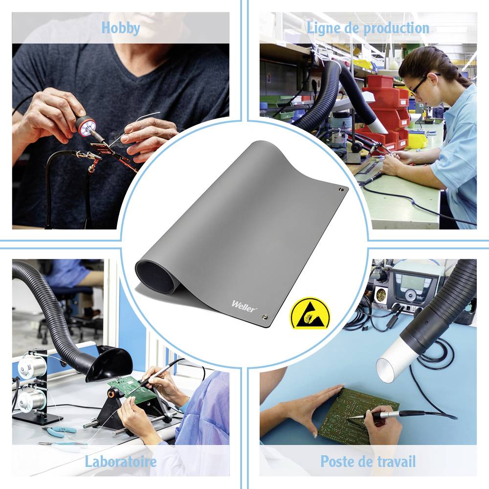 'Tapis de protection ESD de Weller' au centre. Entouré d'images : loisirs, lignes de production, postes de travail en laboratoire, établis. Applications du tapis.