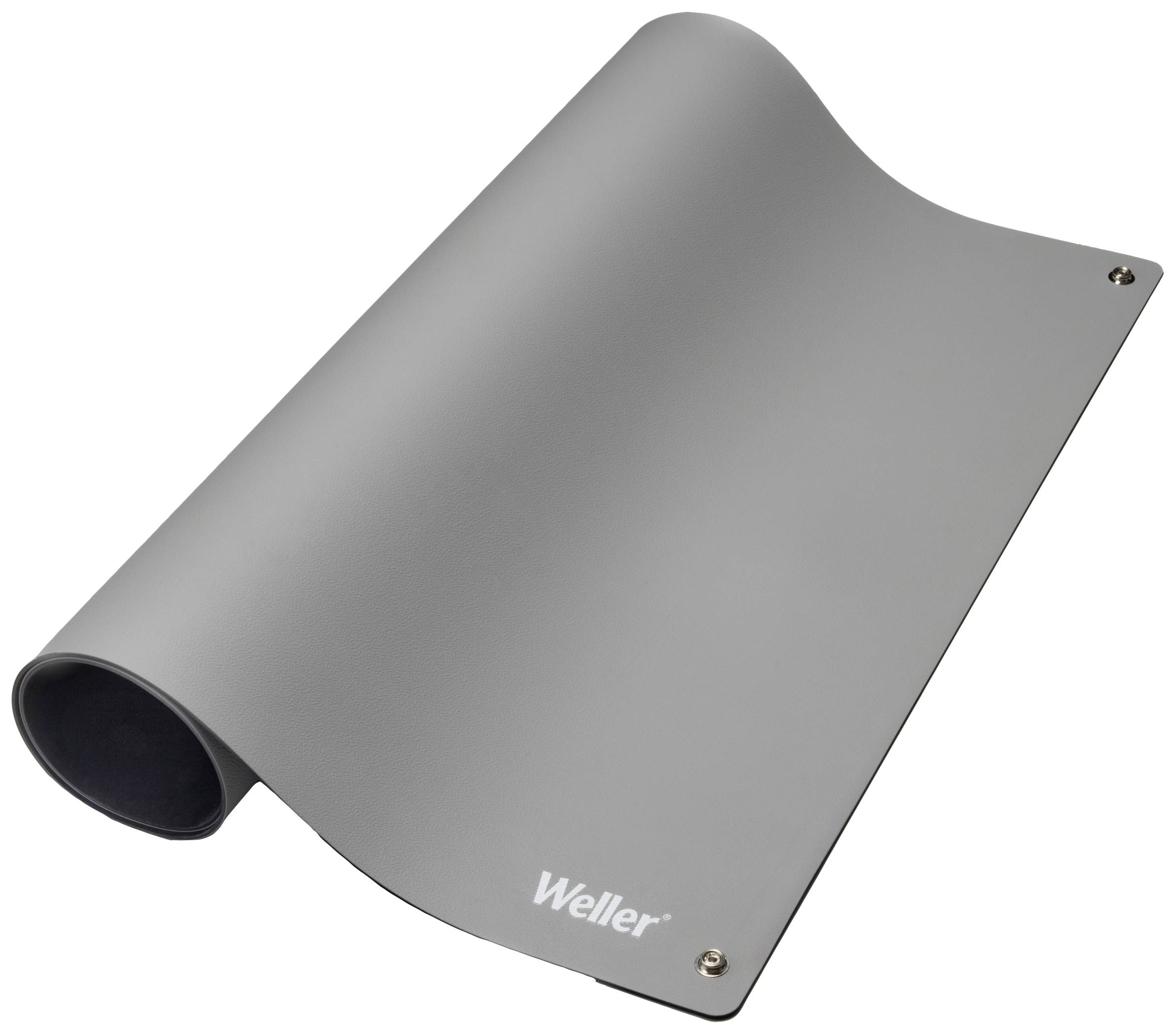 Tapis de soudage gris en silicone de Weller, légèrement enroulé, avec une surface résistante et des coins arrondis, pour travaux électroniques.