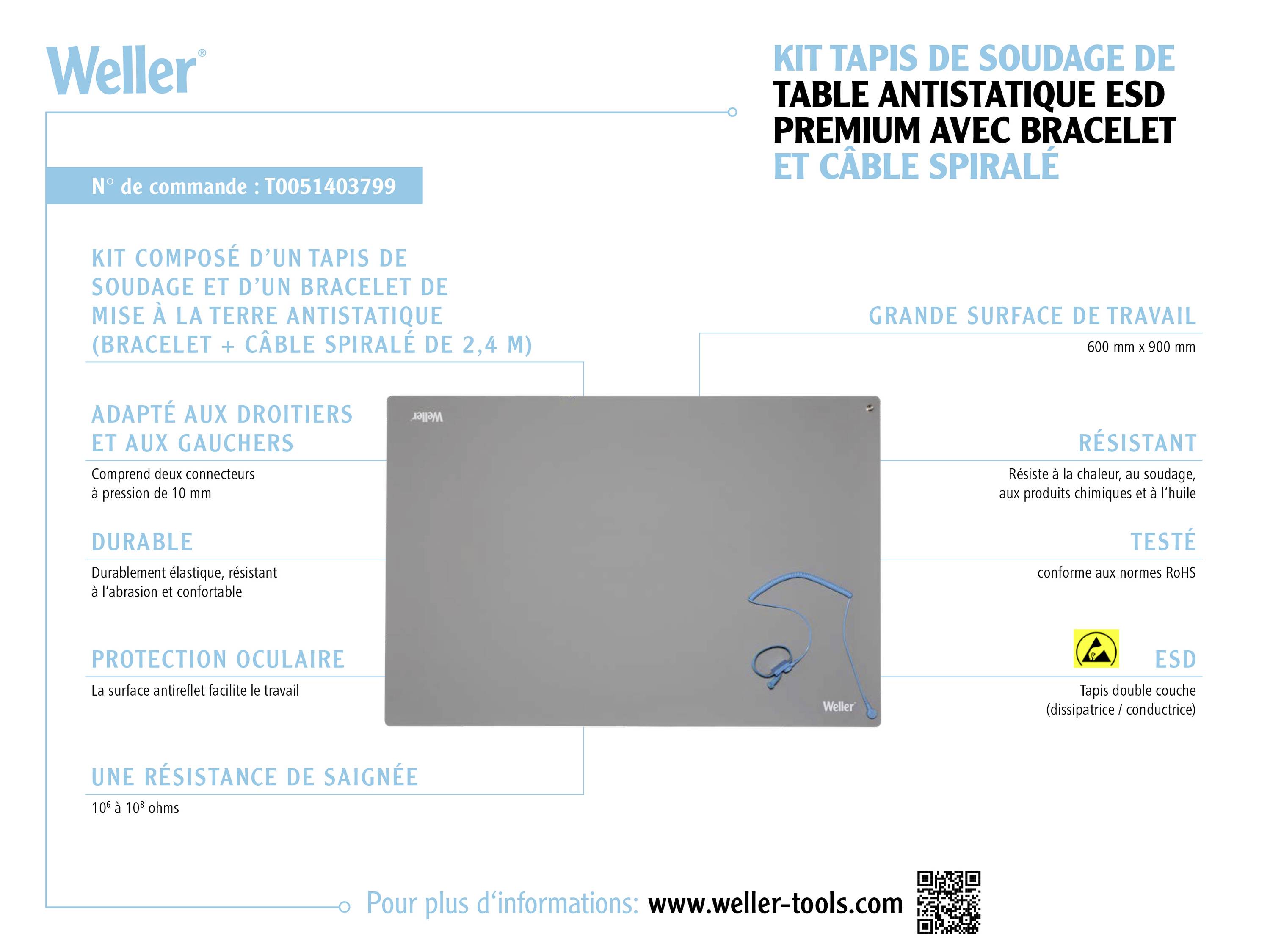 Ensemble de tapis de soudage antistatique de Weller, comprenant un bracelet et un câble spiralé. Dimensions : 600 x 900 mm. Adapté aux droitiers et aux gauchers.