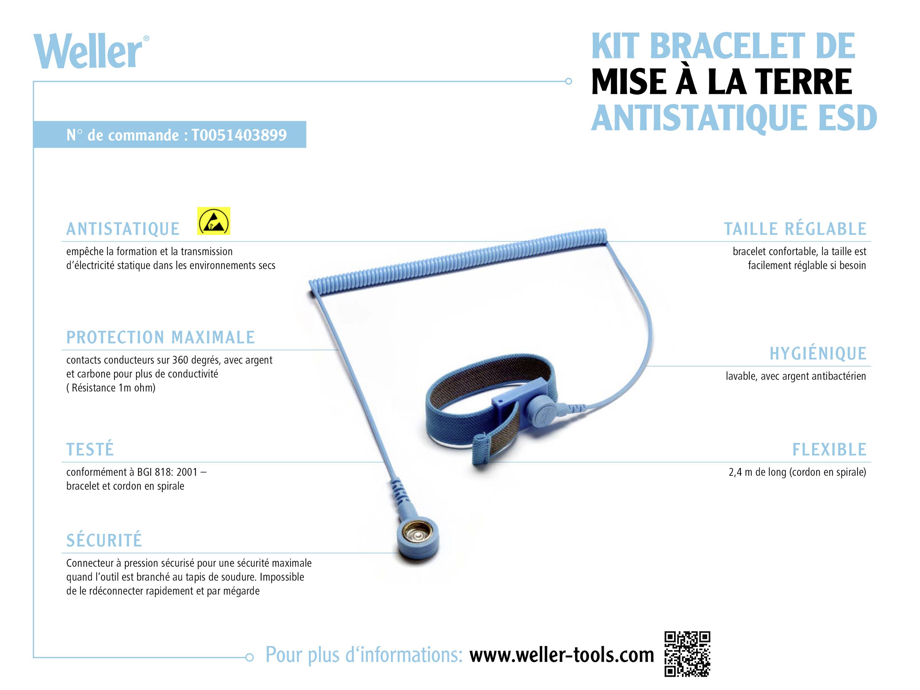 Ensemble de bracelet de mise à la terre antistatique ESD de Weller avec bracelet réglable, protection maximale et cordon flexible pour la décharge électrostatique.