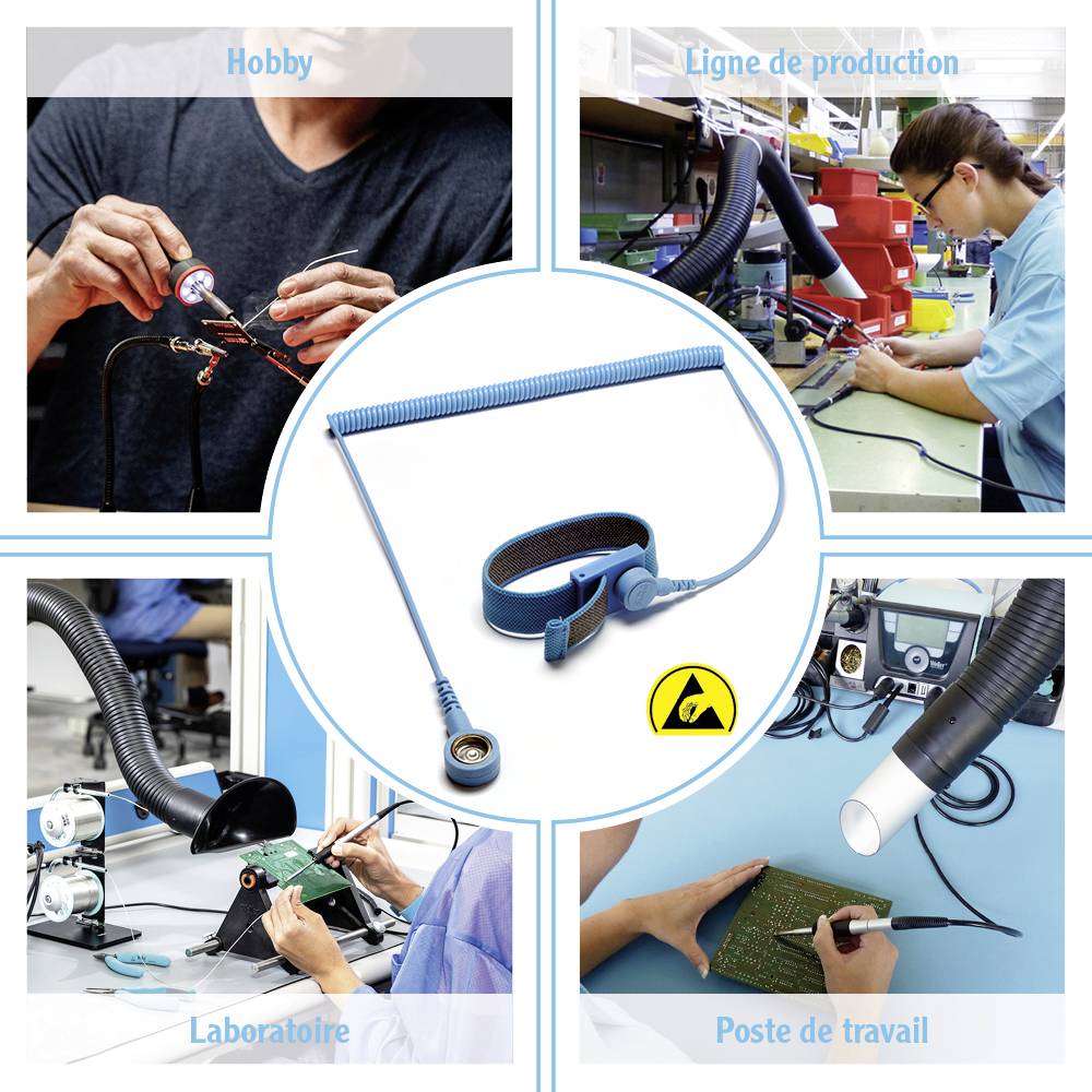 Image de personnes travaillant sur des lignes de production, des établis et des postes de travail de laboratoire, avec un accent mis sur les travaux de soudure et de montage.
