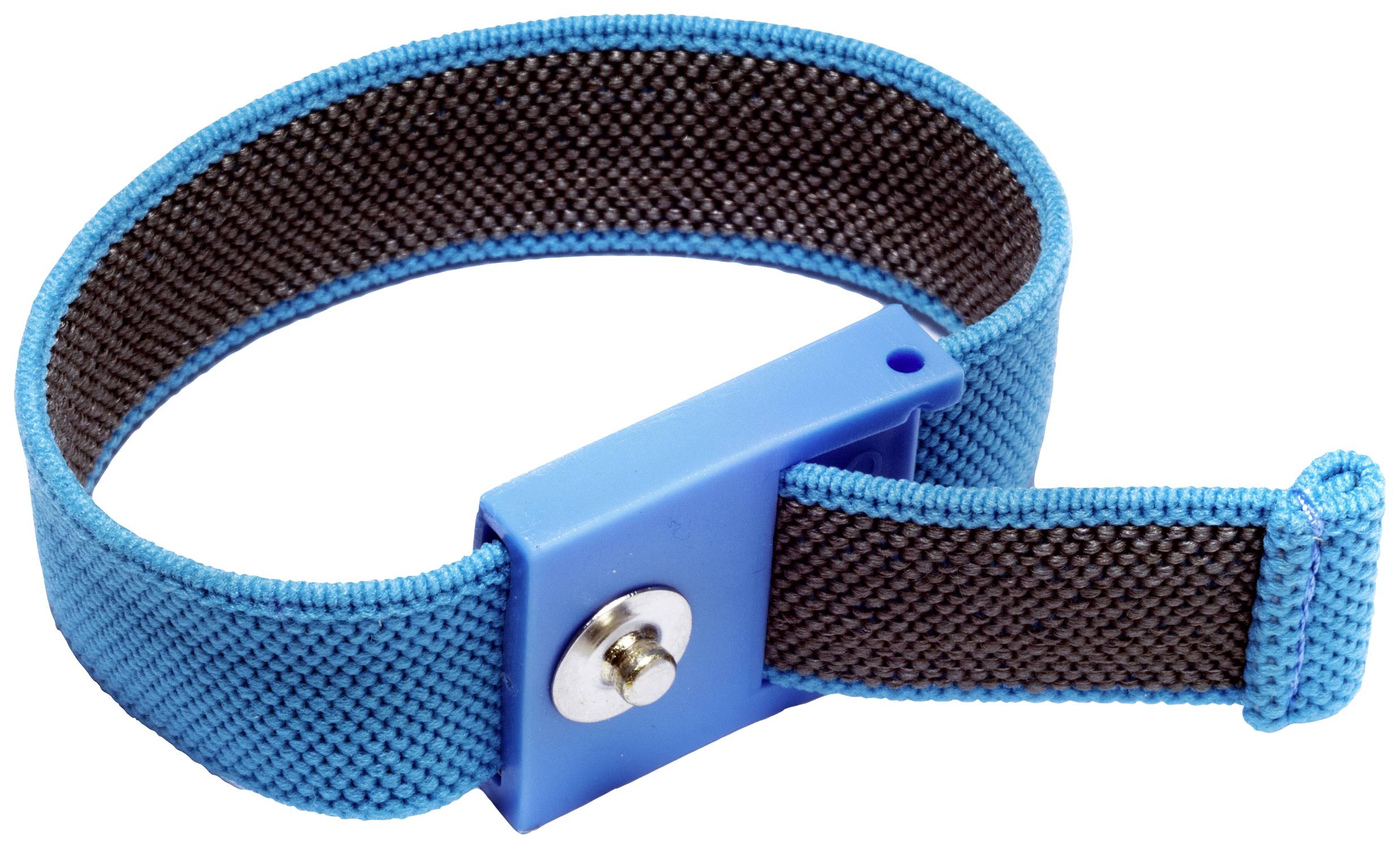 Un bracelet antistatique bleu avec un bouton argenté, utilisé pour éviter l'électricité statique lors de travaux électroniques.