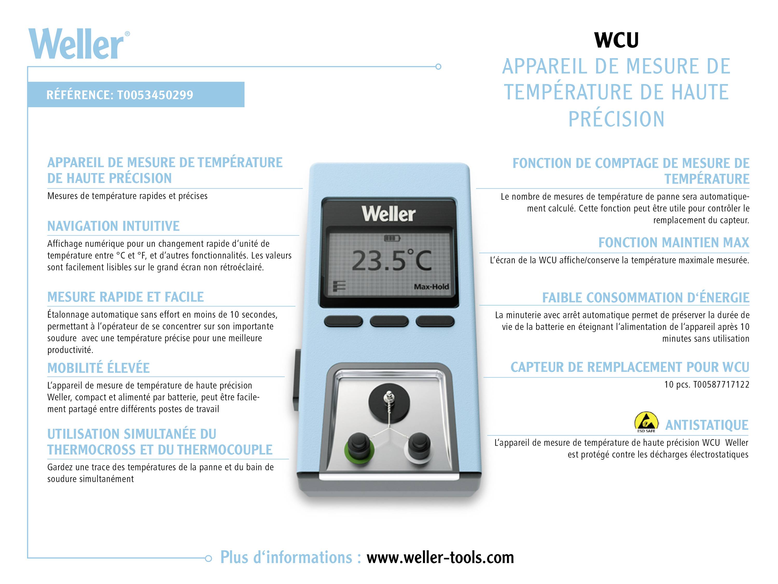 Appareil de mesure de température haute précision avec affichage numérique, support de téléphone et descriptions : navigation intuitive, mesure précise, minuterie, protection ESD. Fabricant : Weller.