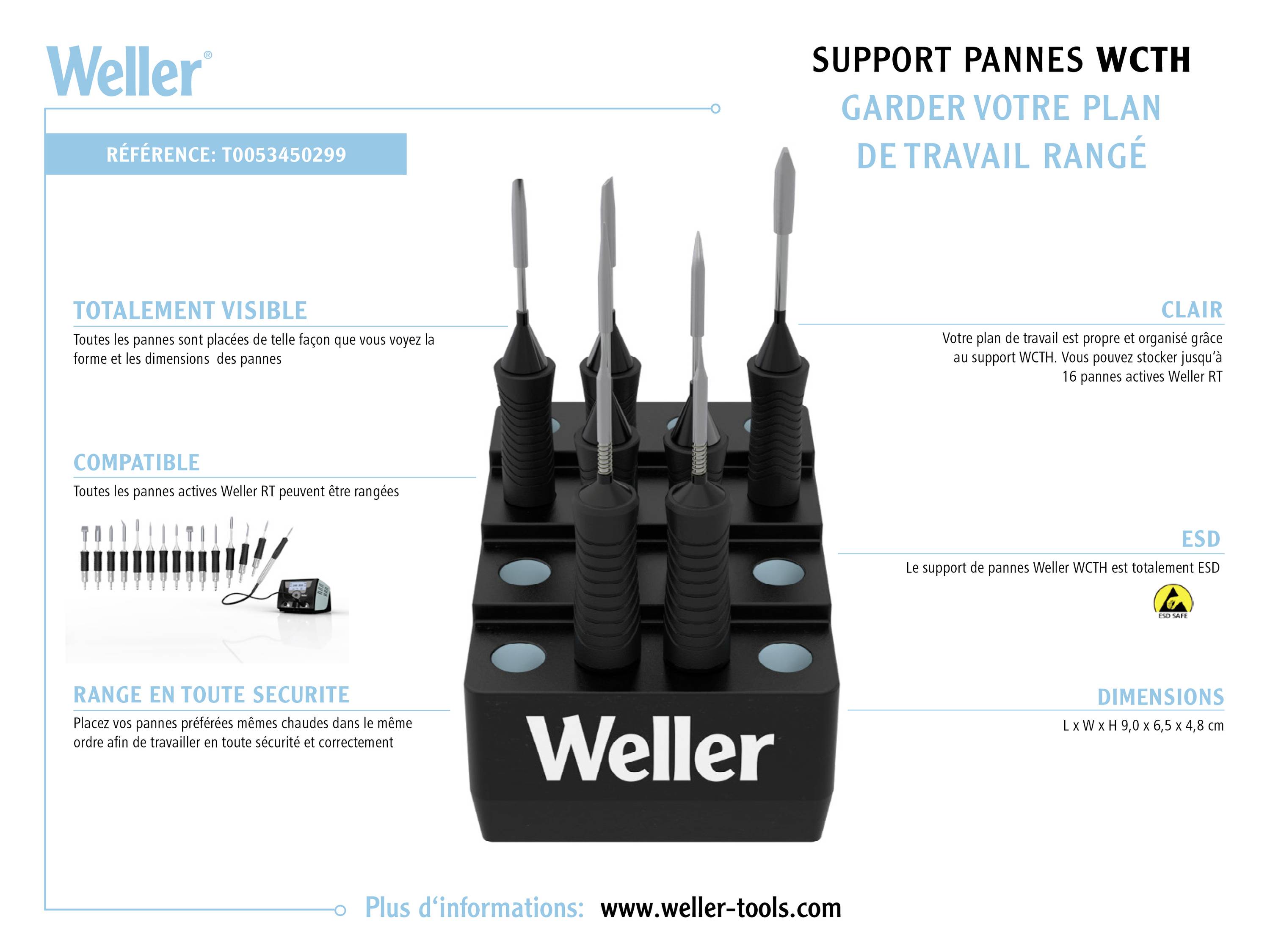 Support de pointes de fer à souder Weller pour un poste de travail bien rangé. Présente des pointes de fer à souder sur un support.