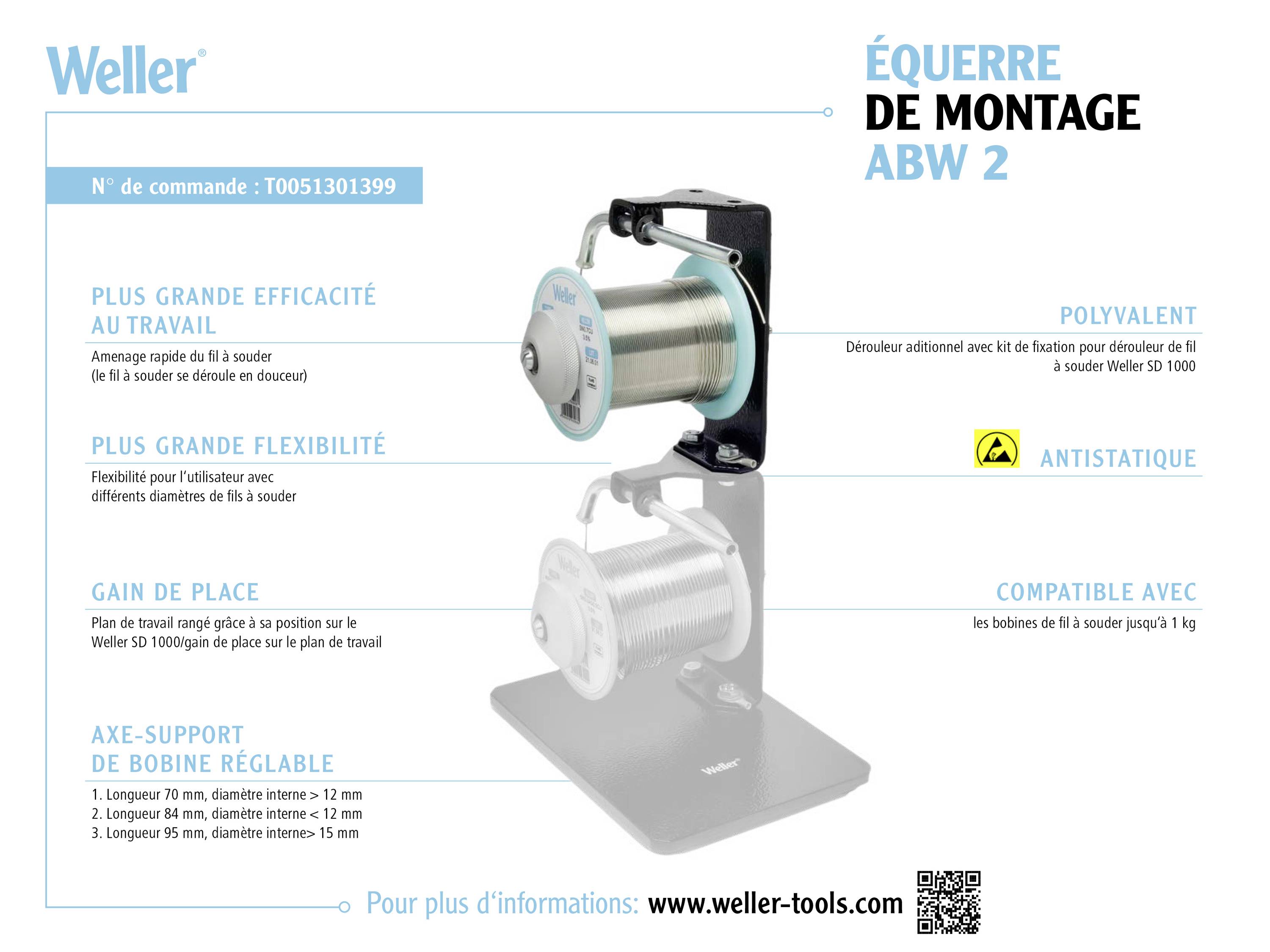 Image publicitaire pour l'angle de montage Weller ABW 2. Caractéristiques principales : efficacité de travail et flexibilité améliorées, compact, sécurisé contre les décharges électrostatiques, adapté aux bobines jusqu'à 1 kg.