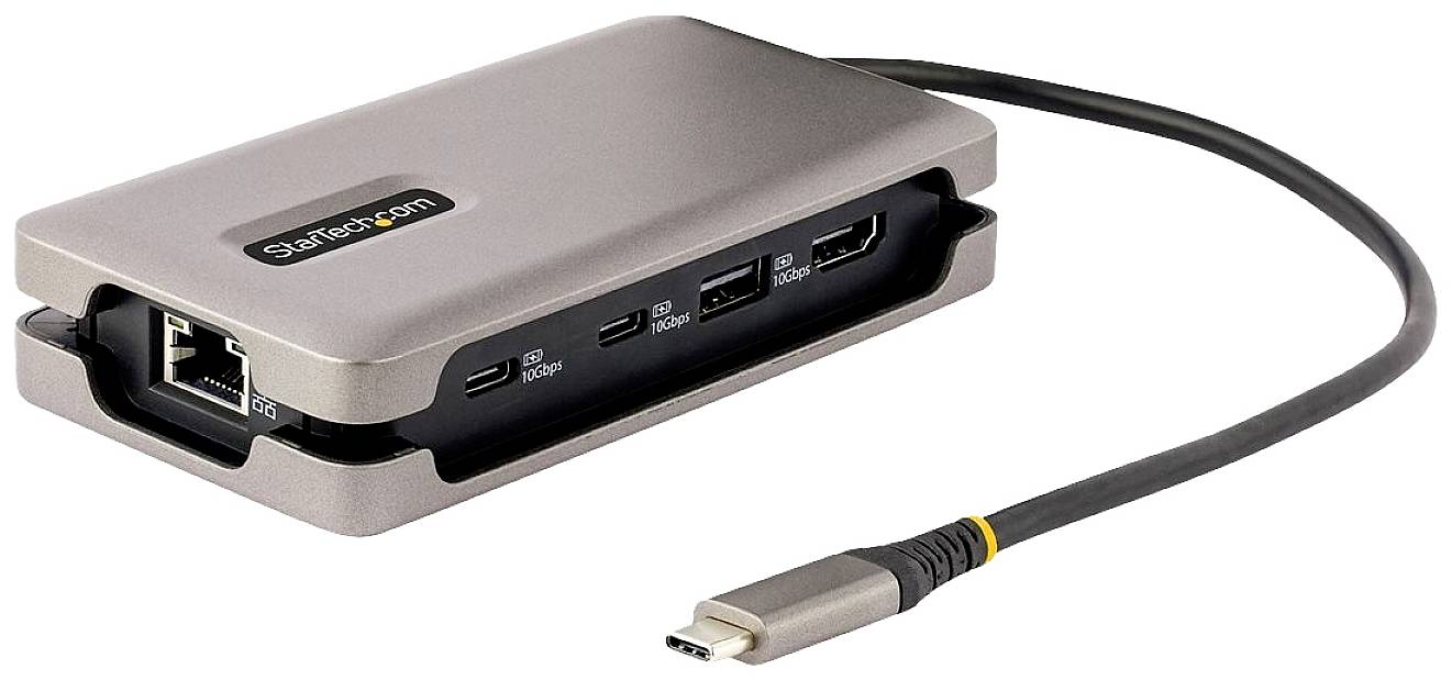 Un hub USB-C argenté avec plusieurs ports, dont HDMI, Ethernet et USB-C. Un câble USB-C est connecté au hub.