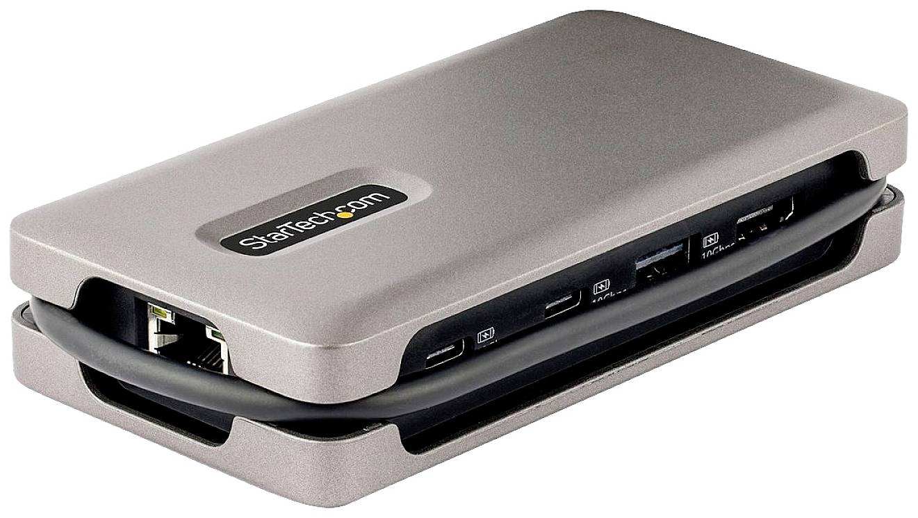 Un hub rectangulaire pour ordinateur portable avec plusieurs ports, dont Ethernet, USB-C et HDMI, dispose d'un logement sur le côté pour ranger un câble.