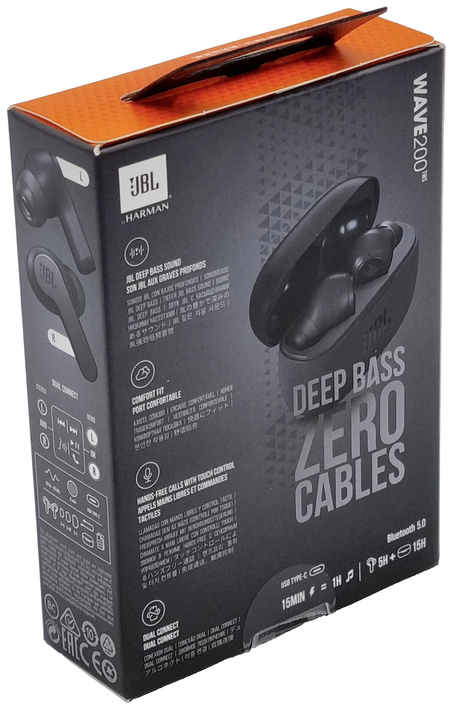 Emballage des écouteurs sans fil JBL Wave 200TWS. Présente l'image du produit avec les écouteurs et l'inscription 'Deep Bass Zero Cables'.