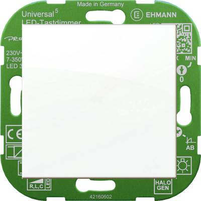 Un variateur LED carré vert d'Ehmann. Inscription : « Variateur universel LED à effleurement, 230V, 7-350W ». Fabriqué en Allemagne.