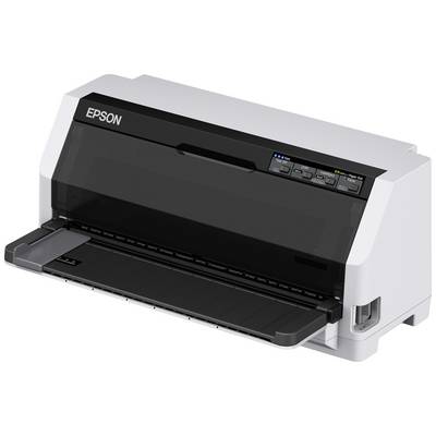 Un imprimante Epson sur une table. Elle est compacte avec un bac d'alimentation et un bac de sortie. Sur le dessus se trouvent le panneau de commande et plusieurs touches.