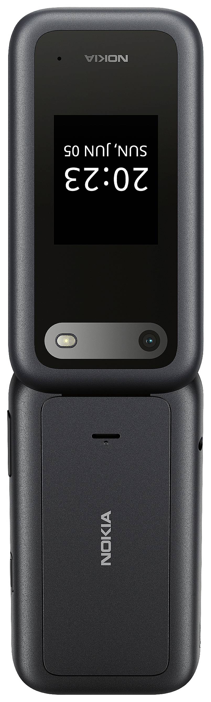 Un téléphone portable à clapet noir de Nokia avec un écran externe affichant l'heure '20:23' et la date 'Dim., 5 juin.'
