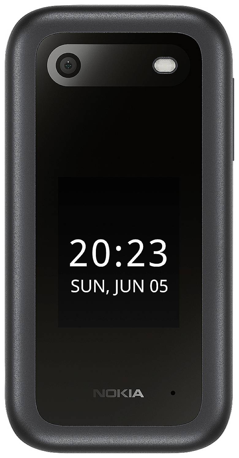 Téléphone portable à rabat fermé affichant l'heure '20:23' et la date 'DIM, JUIN 05' sur l'écran, boîtier gris foncé.