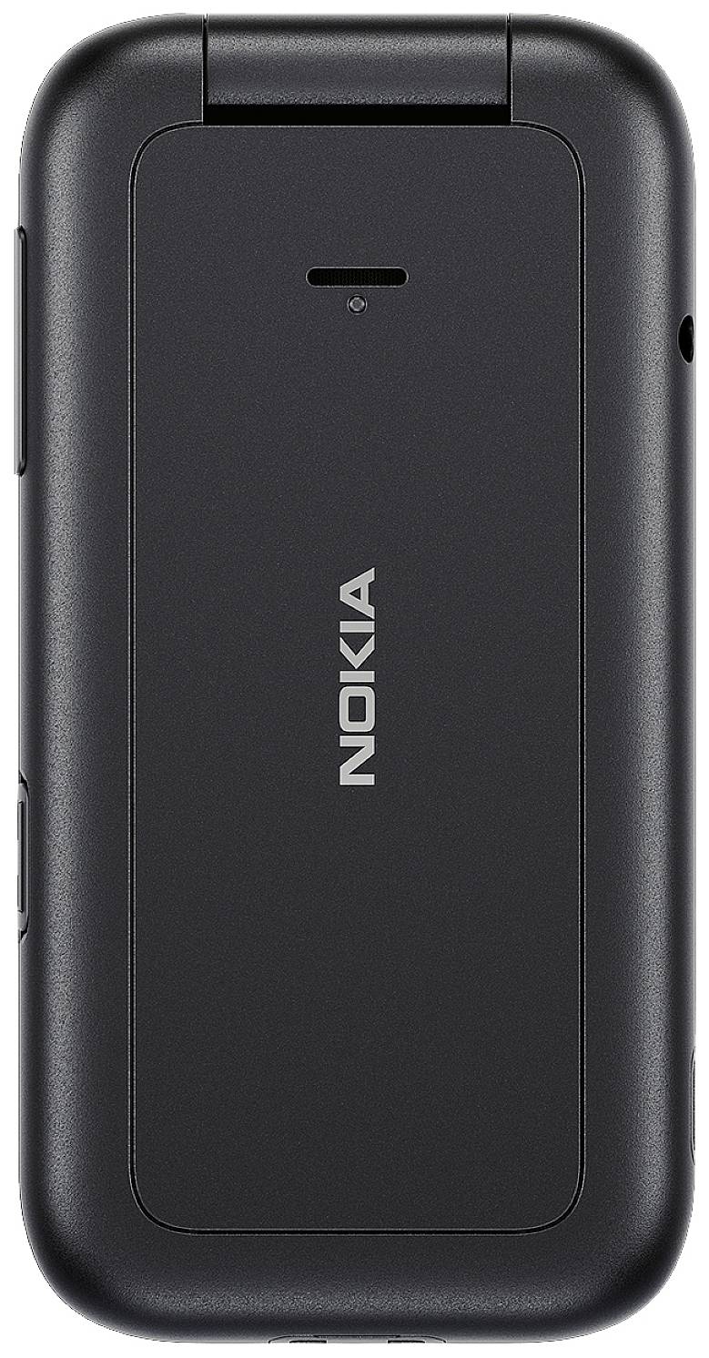 Téléphone portable noir à clapet de la marque Nokia ; vue arrière en position fermée, montrant verticalement le logo Nokia au centre.