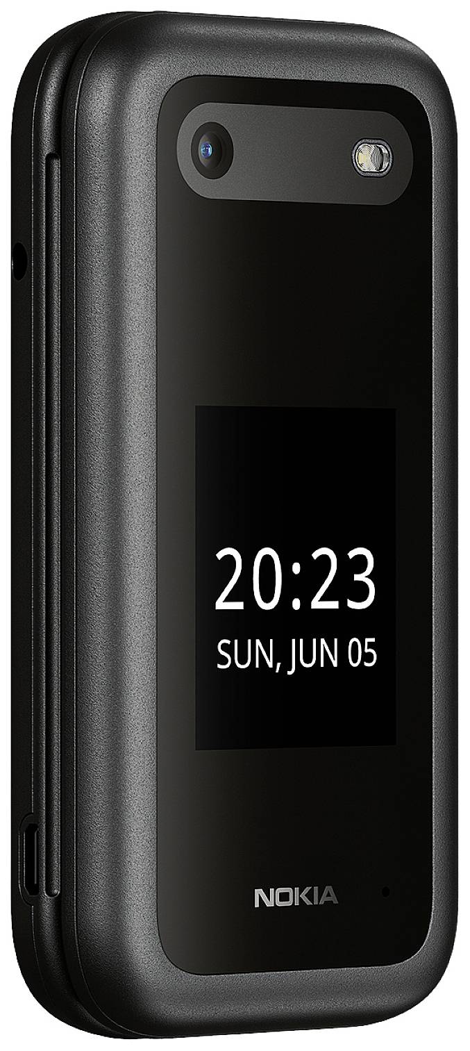 Téléphone mobile à design rabattable, noir, avec écran affichant la date et l'heure : 20:23, dimanche, 5 juin.