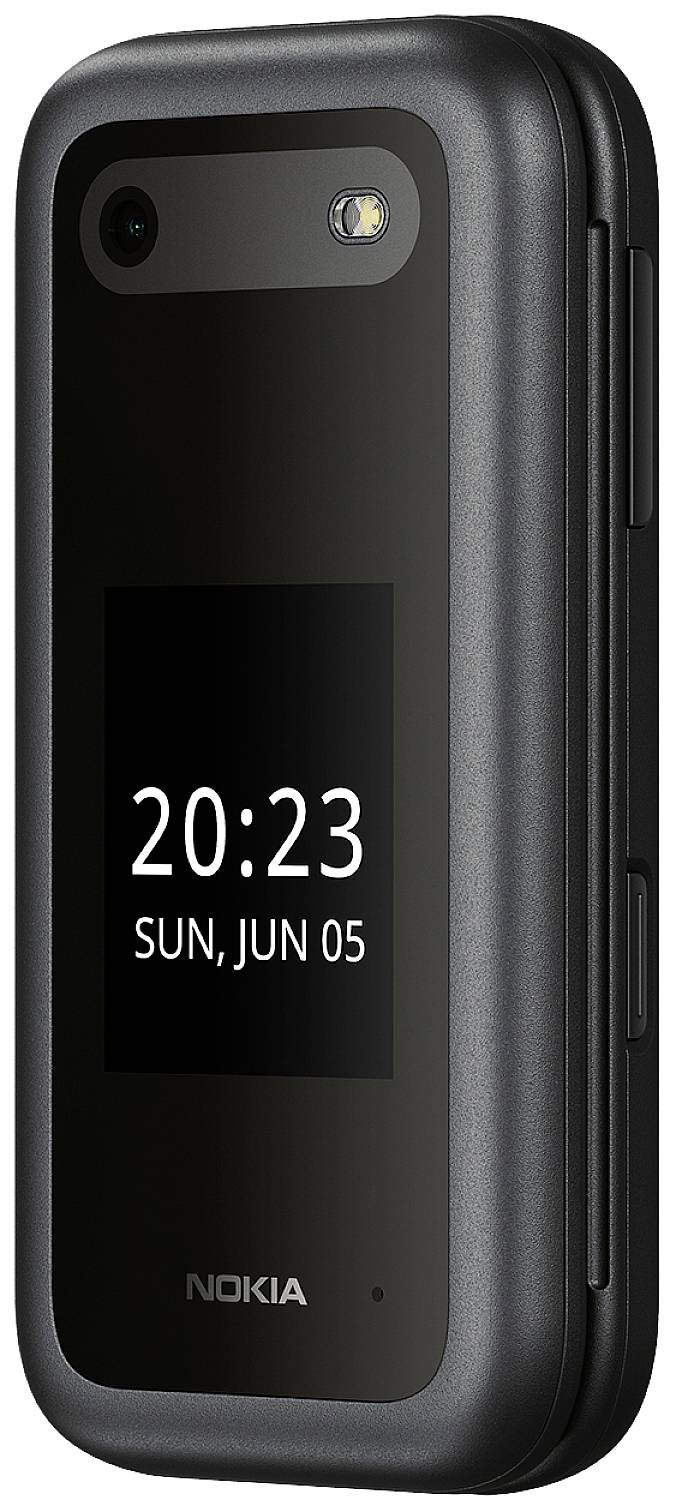 Un téléphone portable à clapet noir et gris avec un écran externe affichant '20:23 DIM, JUN 05'. Caméra et flash en haut, logo Nokia en bas.