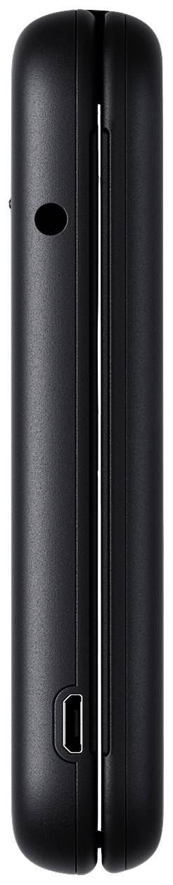 Téléphone portable noir à clapet en vue de profil. Montre l'ouverture du haut-parleur et le port de chargement sur le côté droit.