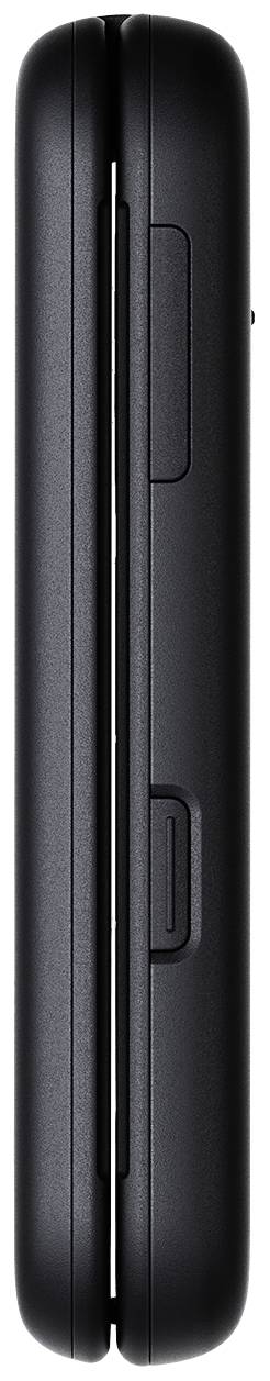 'Téléphone portable noir plié, vu de côté, montrant deux touches.'