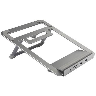 Un support de laptop pliable en métal, ergonomique, avec plusieurs niveaux de hauteur et des ports USB à l'avant.