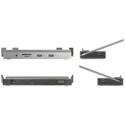 Station d'accueil multiports : HDMI, VGA, USB et Ethernet. Présente une vue avant et latérale pour la connexion des appareils.