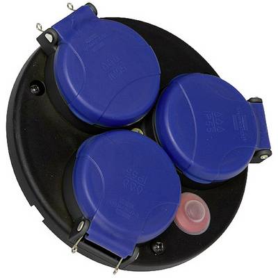 Trois prises électriques bleues et rondes sur une base noire ; deux avec un couvercle rabattable, une avec un bouton de couverture transparent à côté.