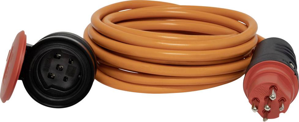 Rallonge électrique orange avec fiches rouge et noire. Convient pour des applications industrielles ou commerciales.