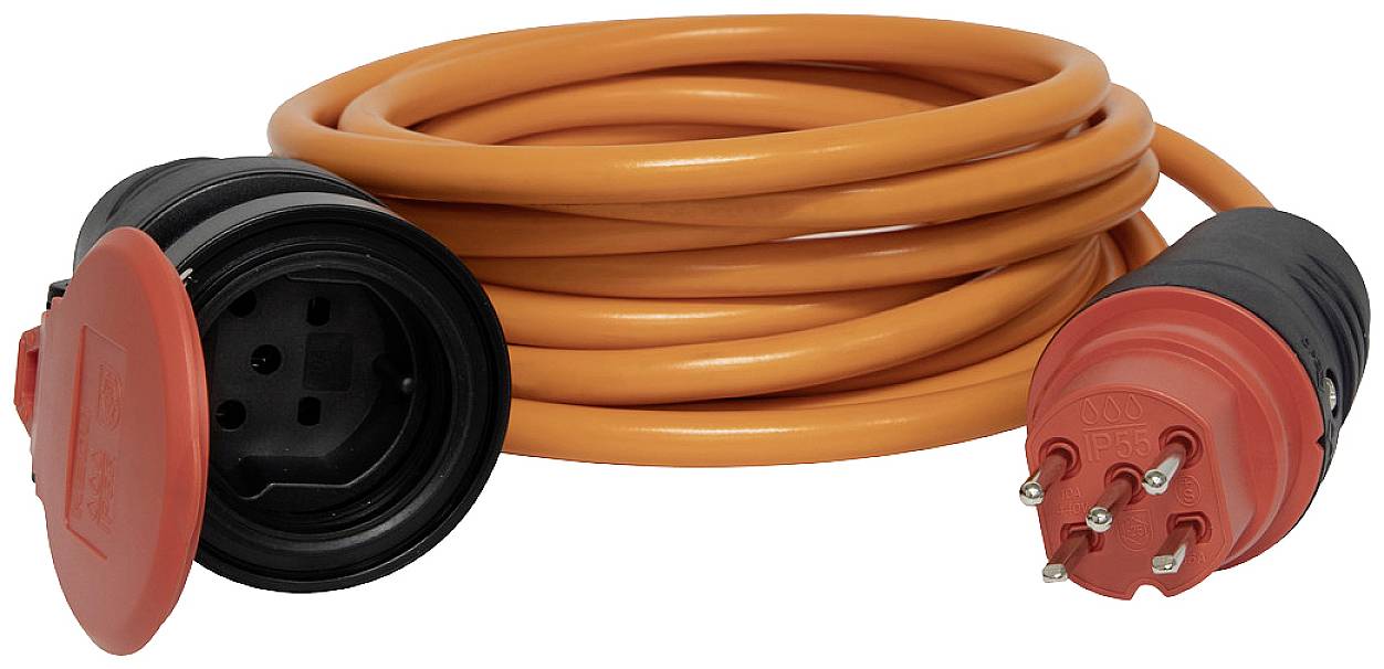 Rallonges électriques orange avec multiprise rouge et couplage rond, adaptées aux appareils électriques lourds ou pour une utilisation en extérieur.