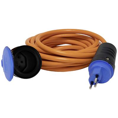 Un câble de rallonge orange avec une prise bleue et un connecteur bleu pour l'extérieur.